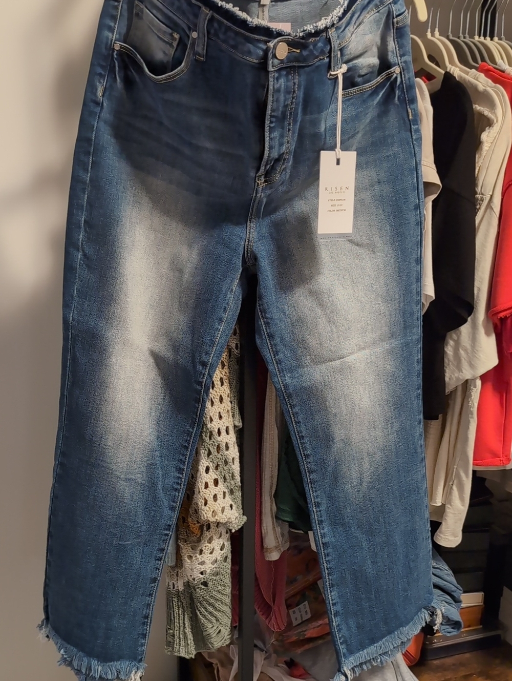 Risen High-Rise Crop Frayed Hem Jeans - Medium Blue Wash